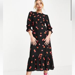 ASOS X Nobody’s Child Strawberry Tea Midi Dress Puff Sleeve Tiered Flounce Hem
